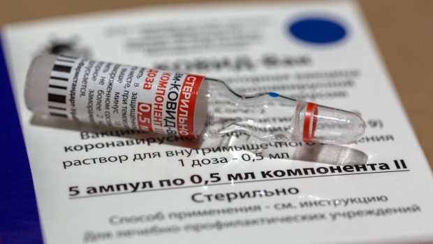 A vial of the Sputnik V Covid-19 vaccine at a cold storage facility in Karachi, Pakistan, on Friday, March 19, 2021. Islamabad has granted permission to Russia’s Sputnik V, which has been validated by global experts as being more than 90% effective. Photographer: Asim Hafeez/Bloomberg