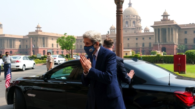 John Kerry arrives at the Ministry of Finance in New Delhi on April 6. Photographer: T. Narayan/Bloomberg