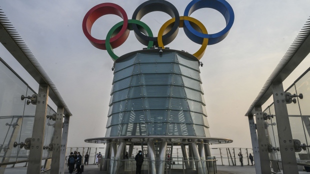 BEIJING, CHINA - JANUARY 22: The Olympic Rings are seen at the top of the Olympic Tower as journalists and staff visit during an organized tour by the 2021 Beijing Olympic Organizing Committee on January 22, 2021 in Beijing, China. China's capital is set to be the first city to host both a Summer and a Winter Games. (Photo by Kevin Frayer/Getty Images) Photographer: Kevin Frayer/Getty Images AsiaPac