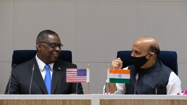 Lloyd Austin, left, and Indian defense minister Rajnath Singh in New Delhi in March.