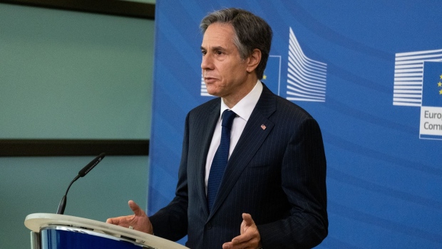 Antony Blinken, U.S. secretary of state, speaks during a news conference with Ursula von der Leyen, president of the European Commission, not pictured, in the Berlaymont building in Brussels, Belgium, on Wednesday, March 24, 2021. Blinken said the Biden administration won't demand that its allies make a choice between the U.S. and China, offering the most cogent explanation yet for efforts to restore alliances after four years of "America First."