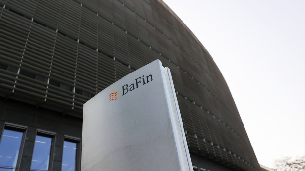 The BaFin logo outside the German financial regulator's headquarters in Frankfurt, Germany, on Wednesday, March 3, 2021. BaFin is close to freezing payments in and out of Greensill Bank AG, a step that could further weaken the stricken trade-finance empire amid efforts to find a buyer. Photographer: Alex Kraus/Bloomberg