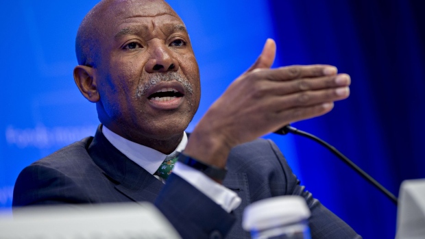 Lesetja Kganyago, governor of South Africa's reserve bank, speaks during a International Monetary Fund Committee (IMFC) news conference at the spring meetings of the International Monetary Fund (IMF) and World Bank in Washington, D.C., U.S., on Saturday, April 21, 2018. The IMF said this week the world's debt load has ballooned to a record $164 trillion, a trend that could make it harder for countries to respond to the next recession and pay off debts if financing conditions tighten.