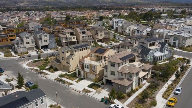 Single-family homes, both finished and under construction, in the Cadence Park development of The Great Park Neighborhoods in Irvine, California.