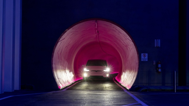 Elon Musk during an unveiling event for Boring Co. Hawthorne test tunnel in Hawthorne, California. Photographer: Robyn Beck/AFP/Bloomberg 