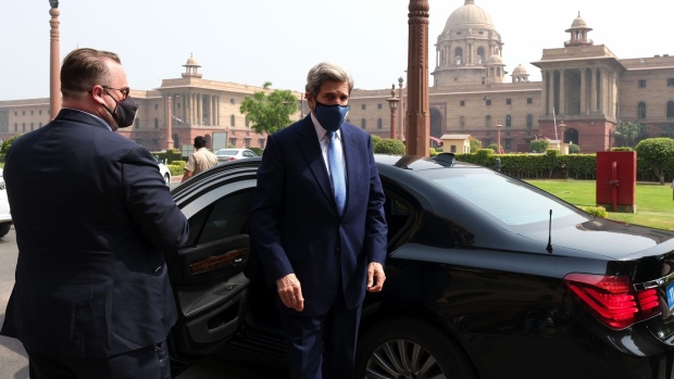 John Kerry, U.S special presidential envoy for climate, arrives at the Ministry of Finance in New Delhi, India, on Tuesday, April 6, 2021. Kerry is in New Delhi this week to push Prime Minister Narendra Modi's government to boost its climate ambitions as it considers announcing a net zero target ahead of a virtual summit later this month.