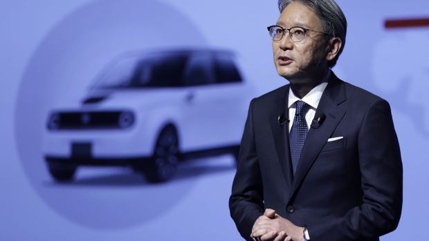 Toshihiro Mibe, president and chief executive officer of Honda Motor Co., speaks during a news conference in Tokyo, Japan, on Friday, April 23, 2021. Honda Motor plans to increase its electric-vehicle sales in the coming years with a target of reaching 100% by 2040.
