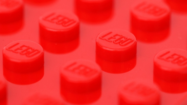 A flat piece of lego, manufactured by Lego A/S arranged in Danbury, U.K., on Friday, March 5, 2021. Lego is due to report annual results on Wednesday. Photographer: Chris Ratcliffe/Bloomberg