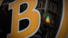 ISTANBUL, TURKEY - APRIL 16: A Bitcoin sign is seen at the entrance of a cryptocurrency exchange office on April 16, 2021 in Istanbul, Turkey. 