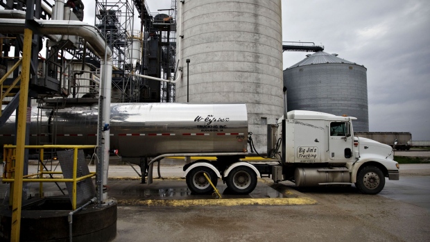 A tanker truck sits outside the POET LLC ethanol biorefinery in Gowrie, Iowa, U.S., on Friday, May 17, 2019. Stockpiles of U.S. corn ethanol sank to the smallest since July even as production of the biofuel climbed, Department of Energy data showed on Wednesday.