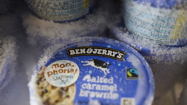 Tubs of Ben and Jerry's ice cream, manufactured by Unilever Plc, in a freezer at a Morrisons supermarket, operated by Wm Morrison Supermarkets Plc, in Saint Ives, U.K., on Wednesday, Aug. 19, 2020. Morrison shares rose after the U.K. grocer and Amazon.com Inc. said customers can now do their full Morrisons food shop on Amazon.co.uk. Photographer: Chris Ratcliffe/Bloomberg