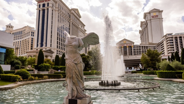 Fountains outside Caesars Palace hotel and casino in Las Vegas, Nevada, U.S., on Sunday, May 2, 2021. Caesars Entertainment Inc. is scheduled to release earnings figures on May 4. Photographer: Roger Kisby/Bloomberg