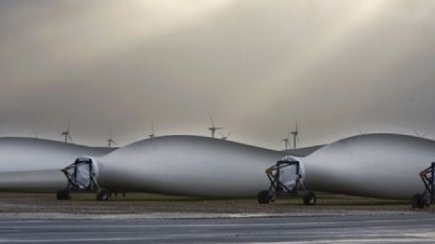 Completed wind turbine blades are stored at the Vestas blade factory in Lem, Denmark. Vestas Wind Systems A/S is the world's biggest maker of wind turbines.