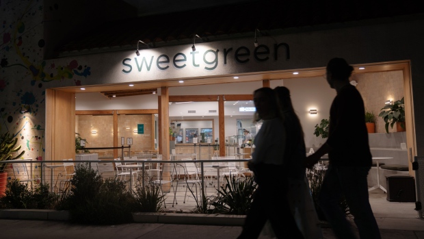 Pedestrians walk past a Sweetgreen restaurant on Sunset Boulevard in the Silver Lake neighborhood of Los Angeles, California, U.S., on Thursday, May 6, 2021. Los Angeles County and San Francisco County have reached a threshold to enter California’s most lenient yellow Covid-19 tier this week, setting the stage for the economy to be unshackled to the widest extent currently possible.