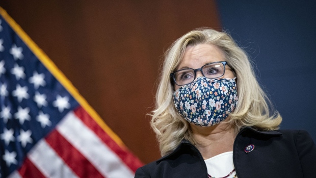 Representative Liz Cheney, a Republican from Wyoming, wears a protective mask during a news conference following a House Republicans meeting at the U.S. Capitol in Washington, D.C., U.S., on Tuesday, March 9, 2021. House lawmakers could begin consideration as soon as today on a $1.9 trillion stimulus package, and Democrats expect to pass the measure despite a narrow majority and quiet complaints from progressives.