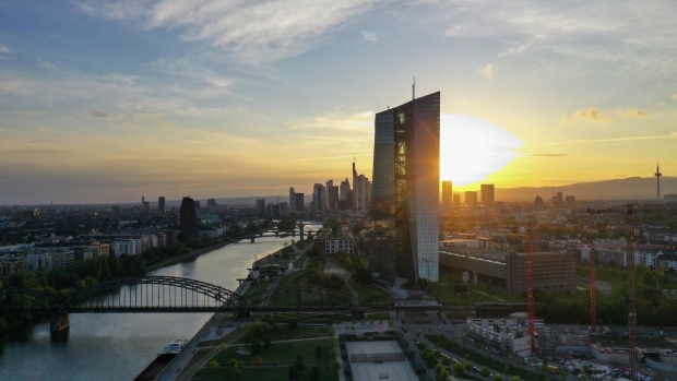 The European Central Bank (ECB) headquarters stand on the bank of the River Main in this aerial photograph at sunset in Frankfurt, Germany, on Tuesday, April 28, 2020. The ECB’s response to the coronavirus has calmed markets while setting it on a path that could test its commitment to the mission to keep prices stable.
