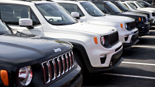 Fiat Chrysler Automobiles NV 2019 Jeep Renegade sports utility vehicles are displayed at a car dealership in Tinley Park, Illinois.