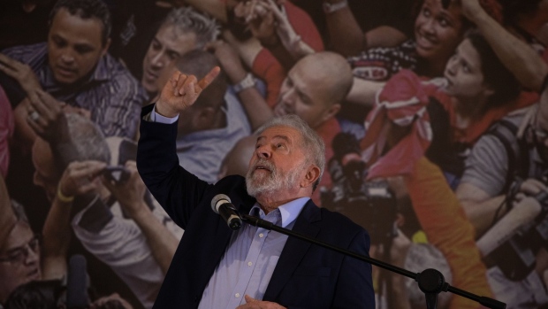 Luiz Inacio Lula da Silva, Brazil's former president, speaks during a news conference at the Labor Union in Sao Bernardo do Campo, Brazil, on Wednesday, March 10, 2021. Lula was thrust back into Brazil's political scene after a judge tossed out criminal convictions against the leftist icon, adding to the angst that has already prompted investors to dump the country's assets.