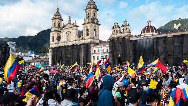 Demonstrators gather in front of the Congress of the Republic during a protest in Bogota on May 12.