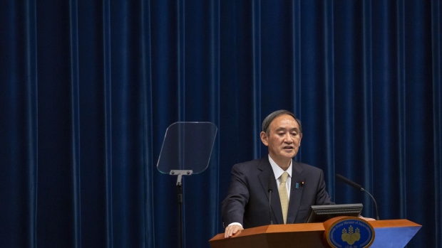 Yoshihide Suga, Japan's prime minister, speaks during a news conference at the prime minister's official residence in Tokyo, Japan, on Friday, April 23, 2021. Tokyo and three other prefectures that roughly account for a third of the economy are set to enter the state of emergency from Sunday, little more than a month after an earlier emergency was finally lifted in the capital.