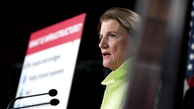 Senator Shelley Moore Capito, a Republican from West Virginia, speaks during a news conference on Capitol Hill in Washington, D.C., U.S., on Thursday, April 22, 2021. Senior Senate Republicans offered a $568 billion counter to President Biden's $2.25 trillion jobs package, one that’s focused on more traditional infrastructure like roads and bridges and doesn't have the corporate tax hikes that Democrats are seeking.