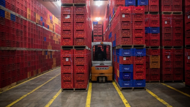 Boxes of clementines stacked inside the refrigerated fruit storage rooms at the Bagu SL warehouse facility in Alquerias, Spain, on Tuesday, Nov. 24, 2020. Citrus growers in Europe got an unexpected lift this year when people sought to boost their immune systems with vitamin C, but now even that coronavirus bright spot is fading.