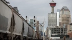A train moves through a rail yard in Calgary, Alberta, Canada, on Monday, March 22, 2021. Canadian Pacific Railway Ltd. agreed to buy Kansas City Southern for $25 billion, seeking to create a 20,000-mile rail network linking the U.S., Mexico and Canada in the first year of those nations; new trade alliance.