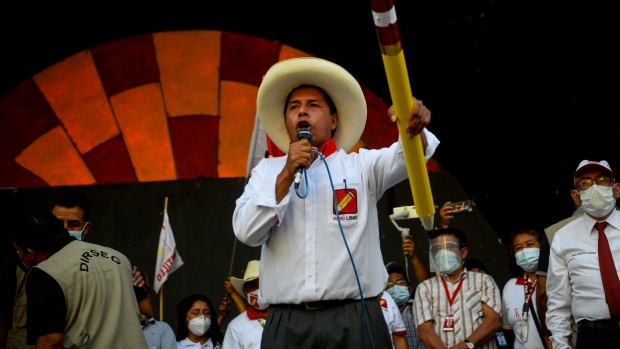 Pedro Castillo, presidential candidate for the Peru Libre party, speaks during a campaign rally in Piura, Peru, on Tuesday, April 27, 2021. Peruvian markets, considered one of the safest bets in Latin America, are coming under fire as former school teacher Castillo, whose party has praised leftists such as Hugo Chavez, is ahead in presidential polls.