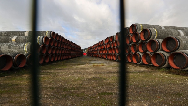 Sections of Nord Stream 2 pipes at the Baltic port of Mukran on the island of Ruegen in Sassnitz, Germany. Photograph: Alex Kraus/Bloomberg