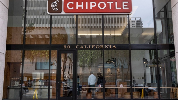 A Chipotle restaurant in San Francisco, California, U.S., on Monday, April 19, 2021. Chipotle Mexican Grill Inc. is scheduled to release earnings figures on April 21. Photographer: David Paul Morris/Bloomberg