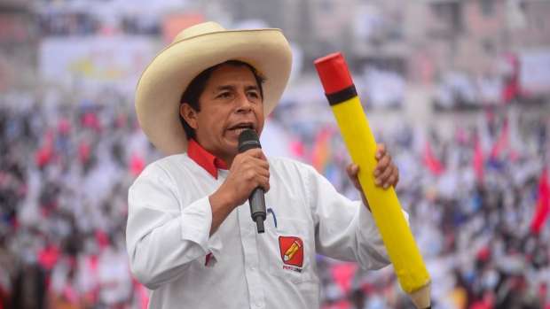 Pedro Castillo speaks during a campaign rally in Lima, on May 27.