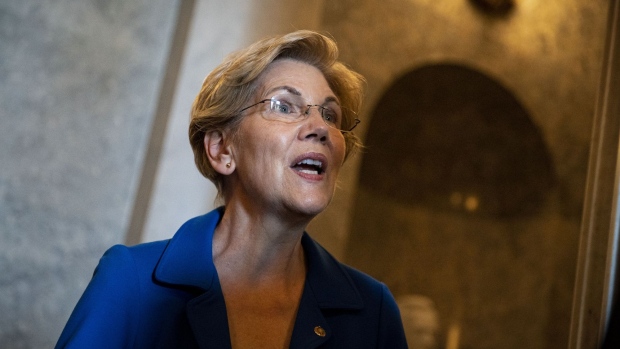 Senator Elizabeth Warren, a Democrat from Massachusetts, speaks to members of the media following a vote in the U.S. Capitol in Washington, D.C., U.S., on Tuesday, June 8, 2021. Democratic congressional leaders face a narrowing path to move forward on President Joe Biden's $4 trillion economic agenda without Republican support as negotiations with the GOP are at risk of stalling. Photographer: Al Drago/Bloomberg