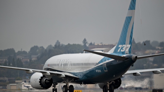 The Boeing Co. 737 Max airplane taxis after landing during a test flight in Seattle, Washington, U.S., on Wednesday, Sept. 30, 2020. Federal Aviation Administration chief Steve Dickson, who is licensed to fly the 737 along with several other jetliners from his time as a pilot at Delta Air Lines Inc., will be at the controls of a Max that has been updated with a variety of fixes the agency has proposed and may soon make mandatory. Photographer: Chona Kasinger/Bloomberg