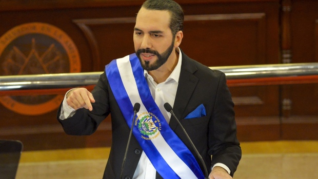 Nayib Bukele, El Salvador's president, delivers a speech to Congress at the Legislative Assembly building in San Salvador, El Salvador, on Tuesday, June 1, 2021. Bukele's New Ideas party used the supermajority it won in February congressional elections to fire five top judges and the attorney general, drawing condemnation for what critics saw as a blatant power grab.
