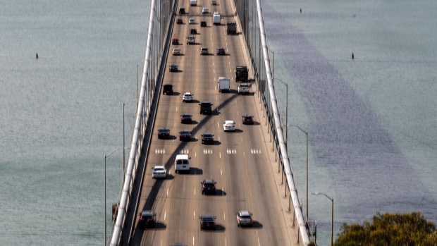 Westbound traffic on the San Francisco Oakland Bay Bridge in San Francisco, California, U.S., on Thursday, March 11, 2021. Northern Californians are taking to the open road in much greater numbers, an early signal that gasoline demand may be returning a year after the pandemic paralyzed the economy. Photographer: David Paul Morris/Bloomberg