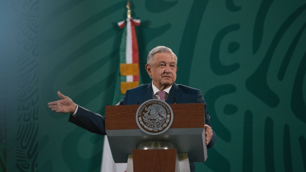 Andres Manuel Lopez Obrador, Mexico’s president, speaks during a news conference in Mexico City, Mexico, on Monday, Feb. 8, 2021. President Lopez Obrador reappeared at his daily press conference on Monday. On January 24 he announced he had Covid-19 and began a quarantine.