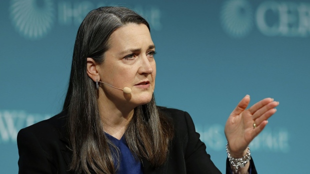 Patti Poppe, chairman and chief executive officer of Cms Enterprises Co., speaks during the 2019 CERAWeek by IHS Markit conference in Houston, Texas, U.S., on Thursday, March 14, 2019. The program provides comprehensive insight into the global and regional energy future by addressing key issues from markets and geopolitics to technology, project costs, energy and the environment, finance, operational excellence and cyber risks.