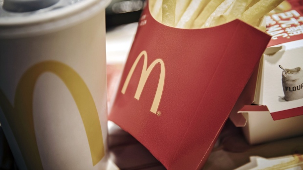 A McDonald's Corp. logo is displayed on a box of French fries