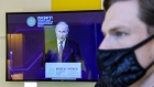 A screen display a live broadcast of Vladimir Putin during the St. Petersburg International Economic Forum on June 4, 2021. Photographer: Andrey Rudakov/Bloomberg