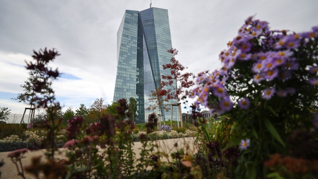 The European Central Bank (ECB) headquarters in Frankfurt, Germany, on Wednesday, Oct. 21, 2020. A push for a ECB green lending program to help the fight against climate change has run into skepticism despite attracting the interest of President Christine Lagarde. Photographer: Alex Kraus/Bloomberg