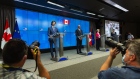 Justin Trudeau, left, Charles Michel, and Ursula von der Leyen speak following an EU and Canada summit in Brussels, on June 15.