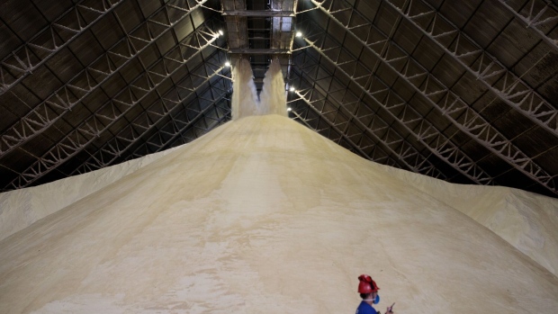 A worker checks logistics while sugar falls into a pile inside a Copersucar storage facility in Port of Santos in Santos, Brazil, on Wednesday, March 3, 2021. The queue of vessels waiting at ports in Brazil, the worlds top sugar and soybean producer, is so gigantic that bottlenecks will likely still be there in May, when sugar normally starts being put through some of the very same terminals. Photographer: Patricia Monteiro/Bloomberg