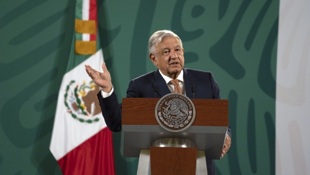 Andres Manuel Lopez Obrador, Mexico's president, speaks during a news conference in Mexico City, Mexico, on Monday, April 19, 2021. Mexico's president will propose a regional agreement on migration to the U.S. this week and the expansion of his tree planting program to Central America as an option to provide order in the process of seeking entry to the U.S.