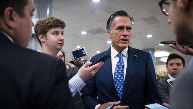 Senator Mitt Romney, a Republican from Utah, speaks to members of the media while arriving for a vote in the U.S. Capitol in Washington, D.C., U.S., on Tuesday, June 8, 2021. Democratic congressional leaders face a narrowing path to move forward on President Joe Biden's $4 trillion economic agenda without Republican support as negotiations with the GOP are at risk of stalling.