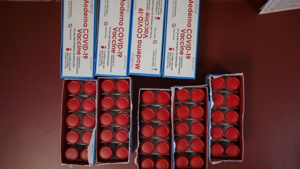Doses of the Moderna Covid-19 vaccine in boxes at a McLeod Health mass vaccination site inside the Darlington Raceway in Darlington, South Carolina.
