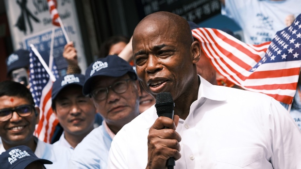 Eric Adams speaks in Flushing, Queens to open a new campaign office on June 8. Photographer: Spencer Platt/Getty Images