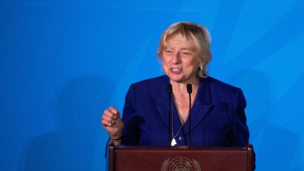 Janet Mills, governor of Maine, speaks during the United Nations Climate Action Summit in New York, U.S., on Monday, Sept. 23, 2019. Heads of state from France to India are gathering with some of the world's top corporate leaders for the event as protests demanding curbs in carbon emissions expand across the globe.