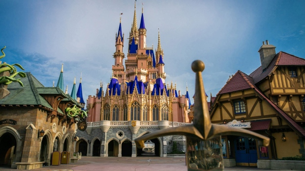 LAKE BUENA VISTA, FL - JUNE 30: In this handout photo provided by Walt Disney World Resort, the Cinderella Castle inside Magic Kingdom Park is currently receiving a royal makeover, and the work is nearly complete on June 30, 2020 in Lake Buena Vista, Florida. When finished, the icon will feature bold, shimmering and regal enhancements, including sapphire dusting on the blue rooftops and gold trim. Walt Disney World Resort theme parks begin their phased reopening on July 11, 2020.(Photo by Olga Thompson/Walt Disney World Resort via Getty Images) Photographer: Handout/Getty Images North America