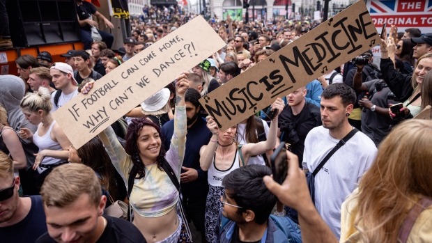 A #FreedomToDance protest took place on June 27 in London’s Piccadilly Circus.  Photographer: Rob Pinney/Getty Images Europe