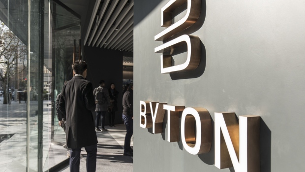 Signage for Byton Ltd. is displayed outside the company's Byton Place showroom in Shanghai, China, on Friday, Jan. 18, 2019. Chinese electric-car startup Byton has big goals for the year: to raise more funds and start selling its first model. Photographer: Qilai Shen/Bloomberg